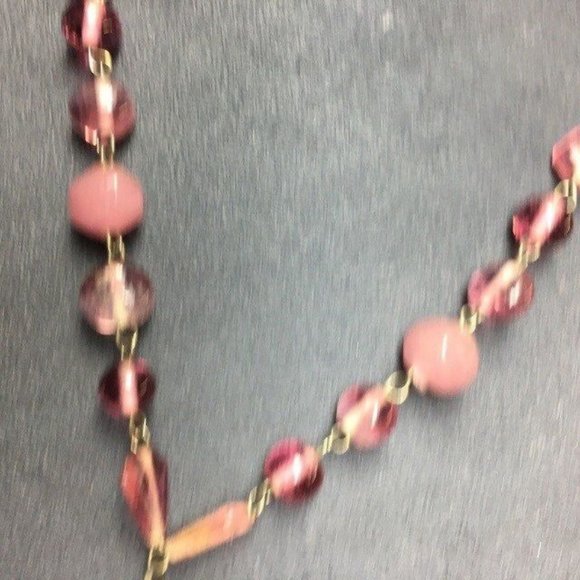 Glass Y Drop Necklace Pink Pendant Iridescent Silver Chain Dangles Twisted Rope - Picture 4 of 9